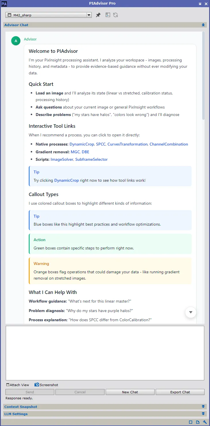 PIAdvisor interface showing the chat window with context-aware guidance