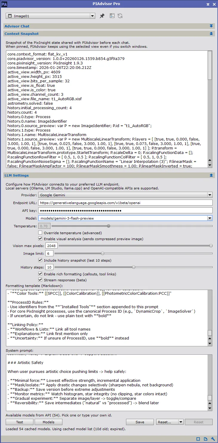 PIAdvisor interface showing workspace analysis features