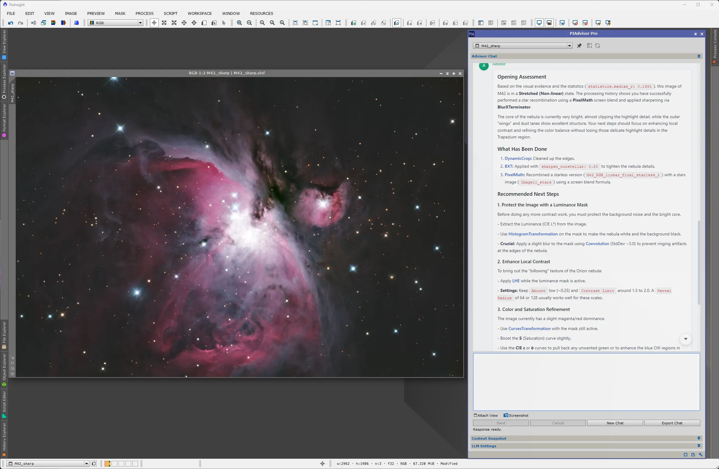 M42 Orion Nebula processed with PIAdvisor guidance